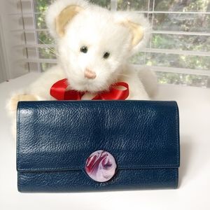 Italian made Raggio Veneziano Navy Blue leather wallet with Murano Glass Disk